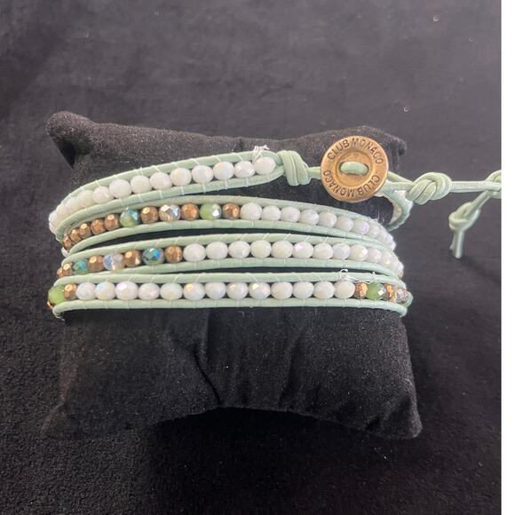 Club Monaco Beaded Wrap Bracelet Mint Green, Gold & White Beads. Adjustable - Picture 3 of 3